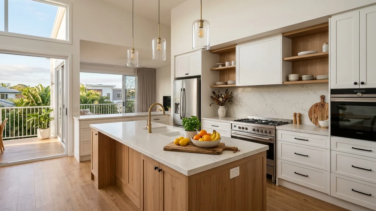 Finished Gold Coast kitchen with stone island bench, custom cabinetry and pendant lighting