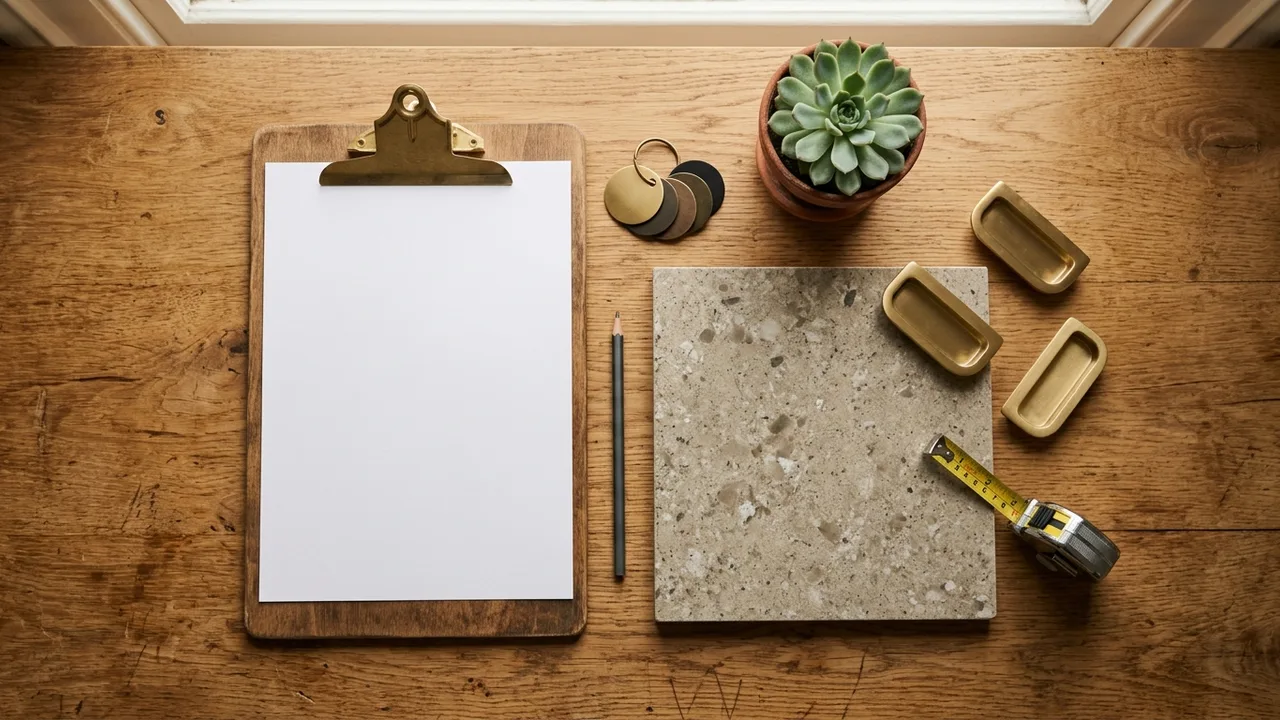 Gold Coast kitchen renovation planning materials with a clipboard, stone sample and brass handles