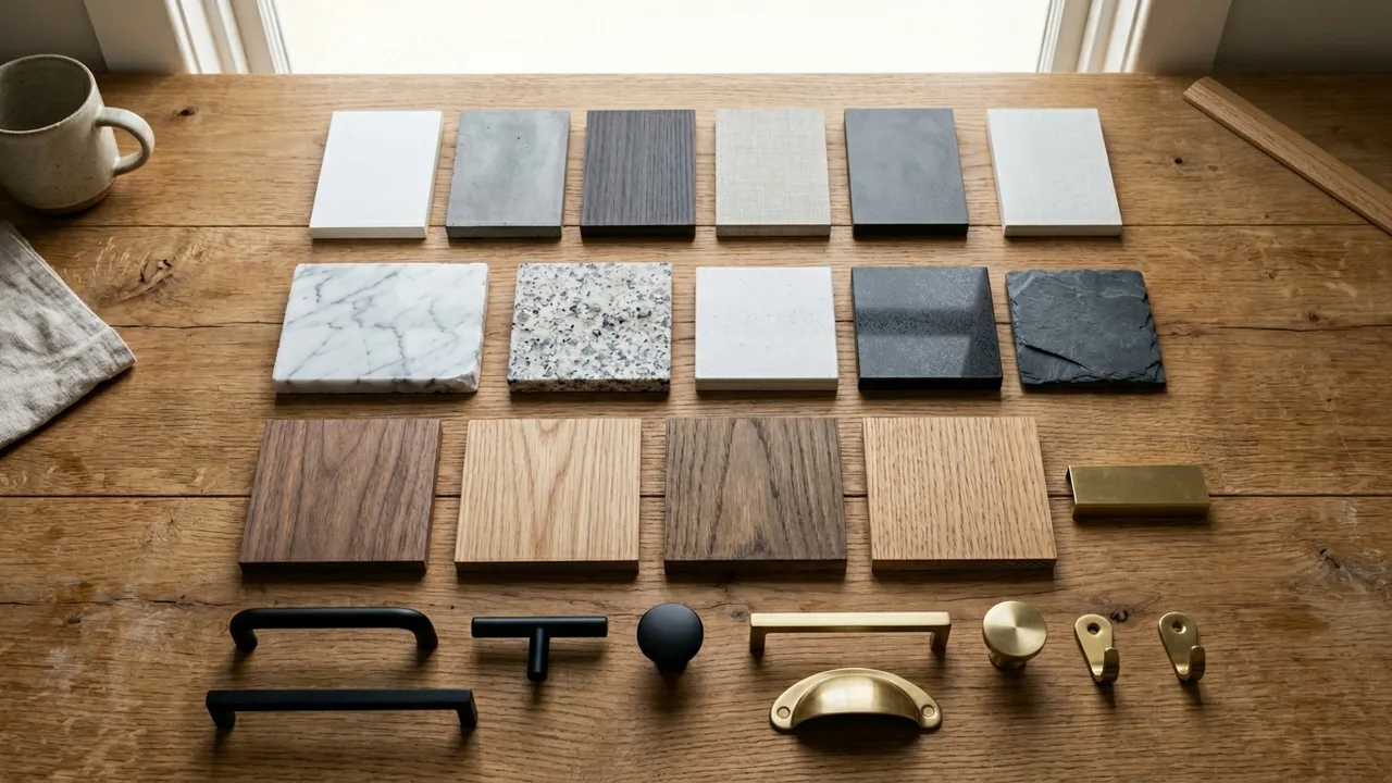 Kitchen renovation material samples arranged by budget tier for a Gold Coast cost estimate