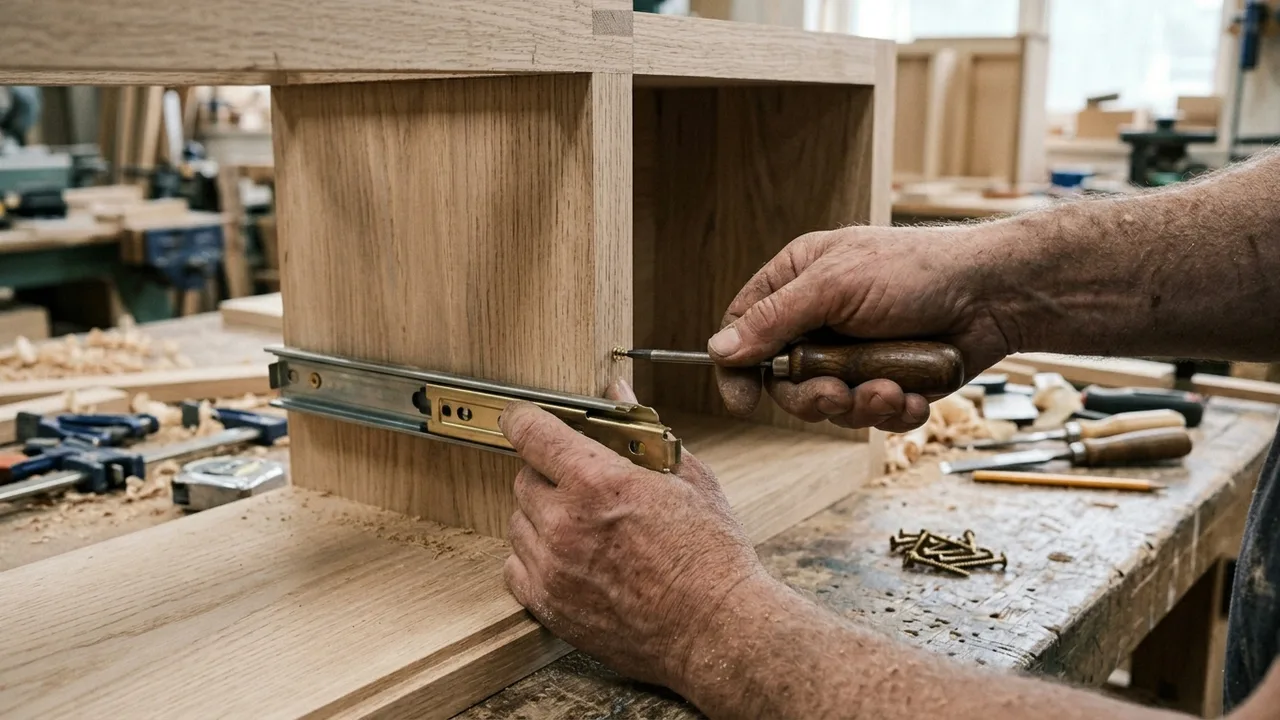 Cabinetmaker fitting soft-close runners to a custom cabinet carcass during a Gold Coast kitchen renovation