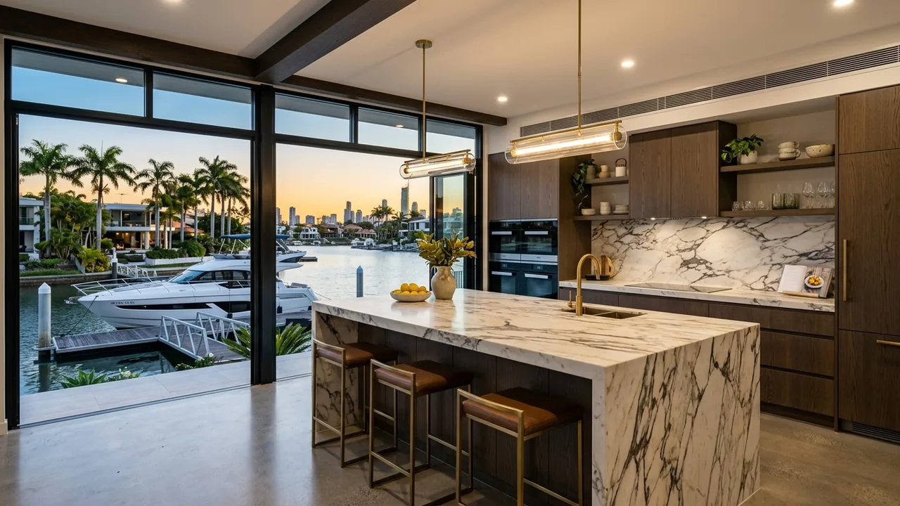 Luxury waterfront kitchen with natural stone island and canal outlook on the Gold Coast