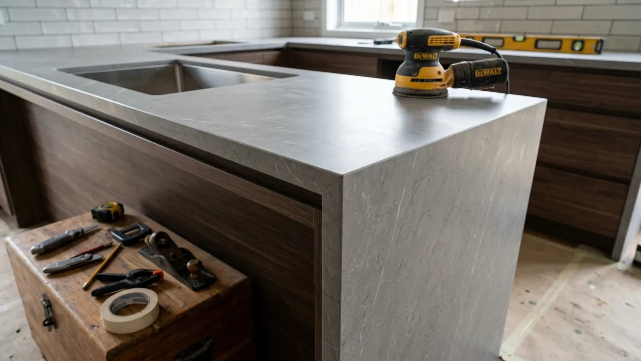 Stone benchtop slab installed on cabinetry showing 20mm reveal and waterfall edge detail