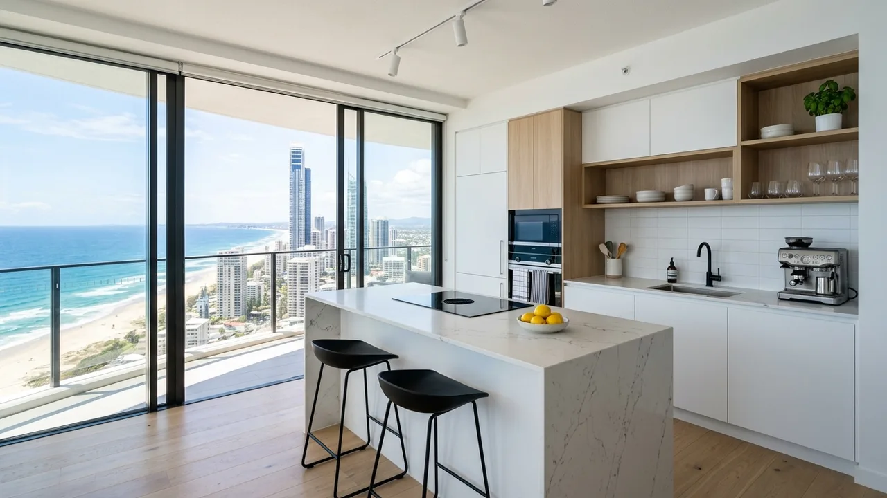 Strata-approved apartment kitchen renovation in a Gold Coast high-rise with island and ocean view